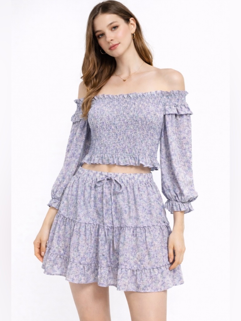 Pookie & Sebastin Chiffon Boho Floral Smocked Top Skirt Set Womens Medium Blue
